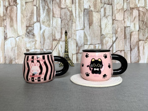 ماگ فانتزی طرح خرگوش و گربه با درب و قاشق