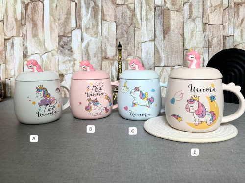 Unicorn design fantasy mug with lid and unicorn steel spoon