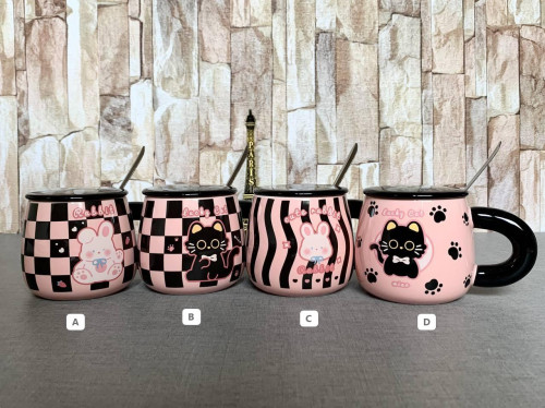 Fantasy mug with rabbit and cat design with lid and spoon