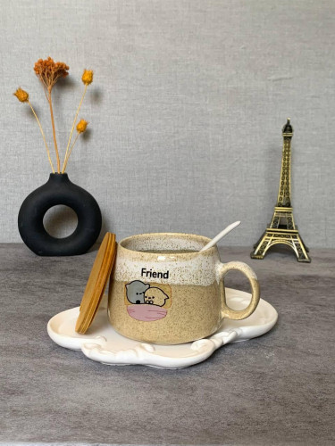 Fancy ceramic mug with wooden lid and spoon - an attractive gift