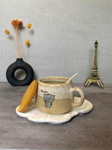 Fancy ceramic mug with wooden lid and spoon - an attractive gift