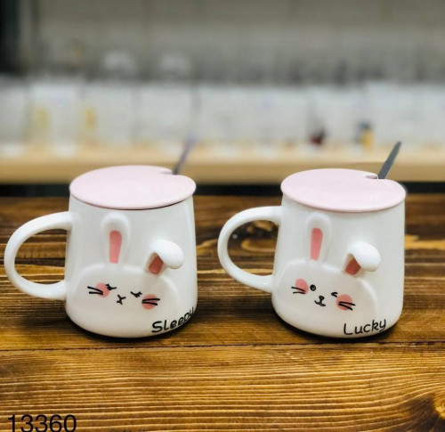 3D rabbit design fantasy ceramic mug with lid and spoon