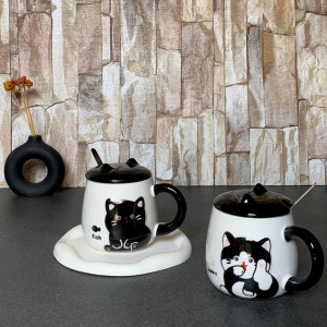 ماگ سرامیکی فانتزی طرح گربه با درب و قاشق | مناسب هدیه و دکور