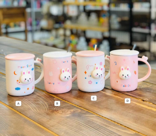 Fantasy ceramic mug with 3D rabbit design with lid and spoon