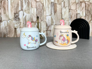 ماگ فانتزی طرح یونیکورن با درب و قاشق استیل یونیکورن