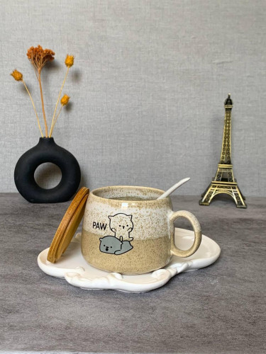 Fancy ceramic mug with wooden lid and spoon - an attractive gift
