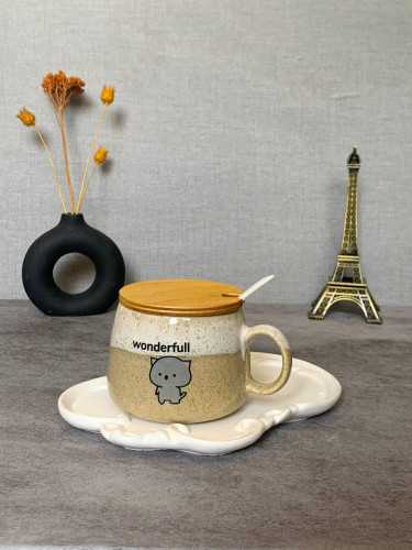 Fancy ceramic mug with wooden lid and spoon - an attractive gift