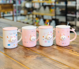 ماگ سرامیکی فانتزی طرح خرگوش سه‌بعدی با درب و قاشق 