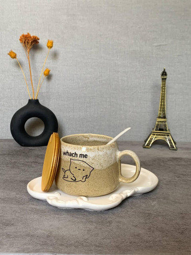 Fancy ceramic mug with wooden lid and spoon - an attractive gift