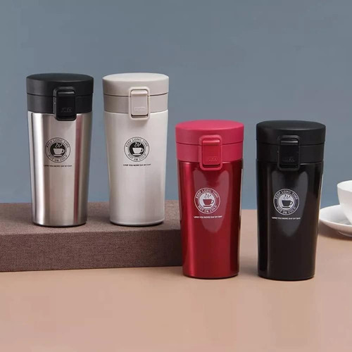 Double-walled thermal steel travel mug with lockable lid