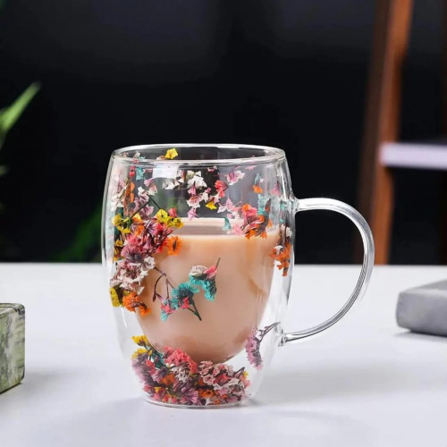 ماگ پیرکس دولایه طرح گلدار