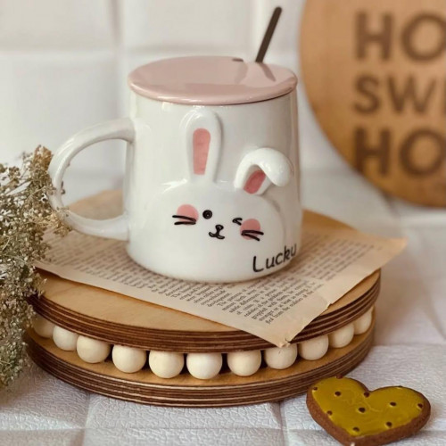 ماگ سرامیکی فانتزی طرح خرگوش ۳ بعدی با درب و قاشق